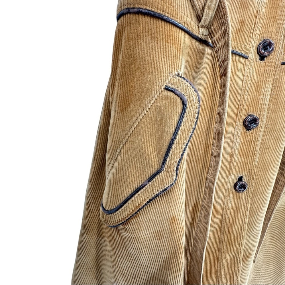Vintage 70s Women's Trench Coat Corduroy Leather Trim Belted Brown Swing Skirt M - Picture 13 of 15